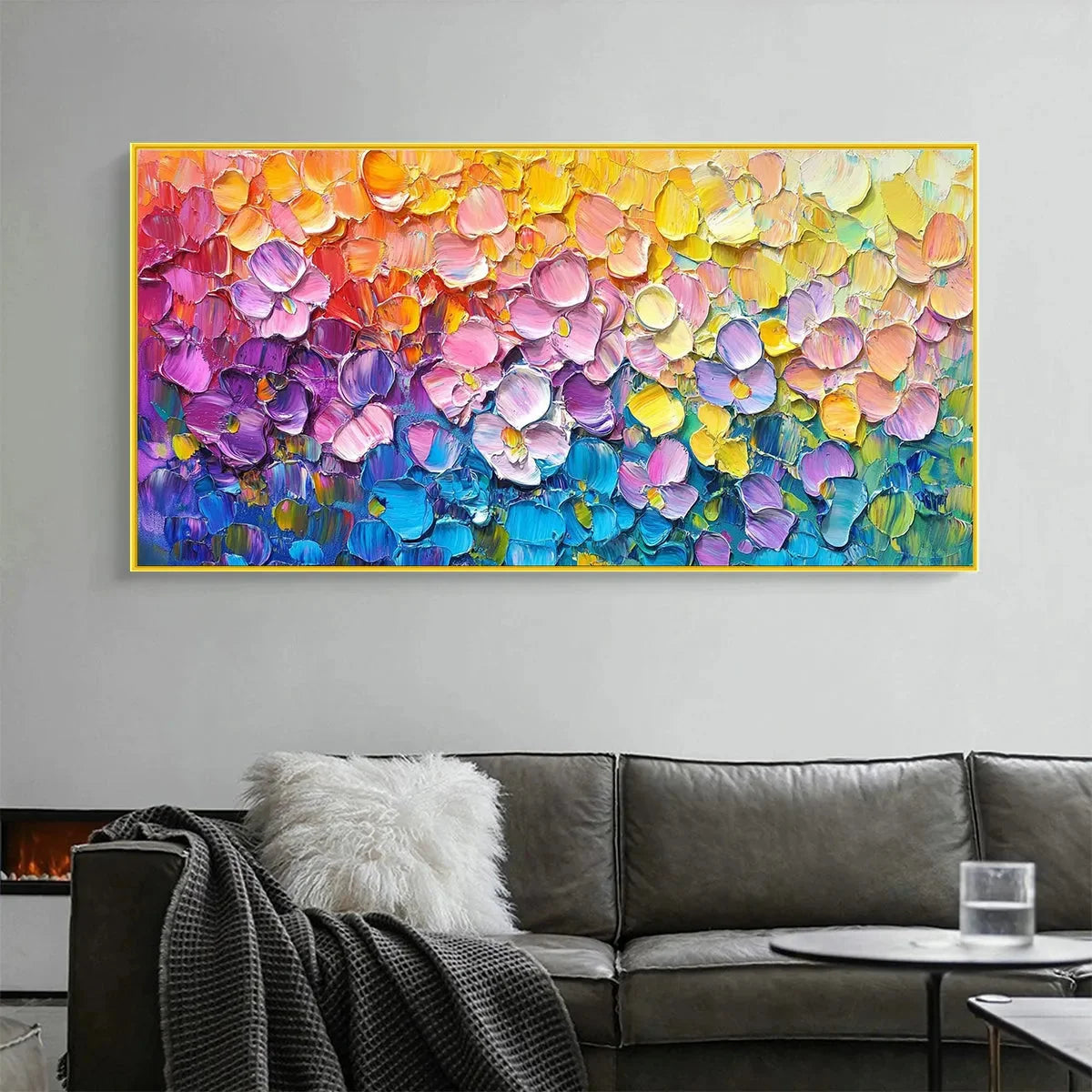 RAINBOW FALLS: Panoramic Impasto Floral Oil Painting in Vibrant Rainbow Hues | Abstract closeup, raised brushwork detail