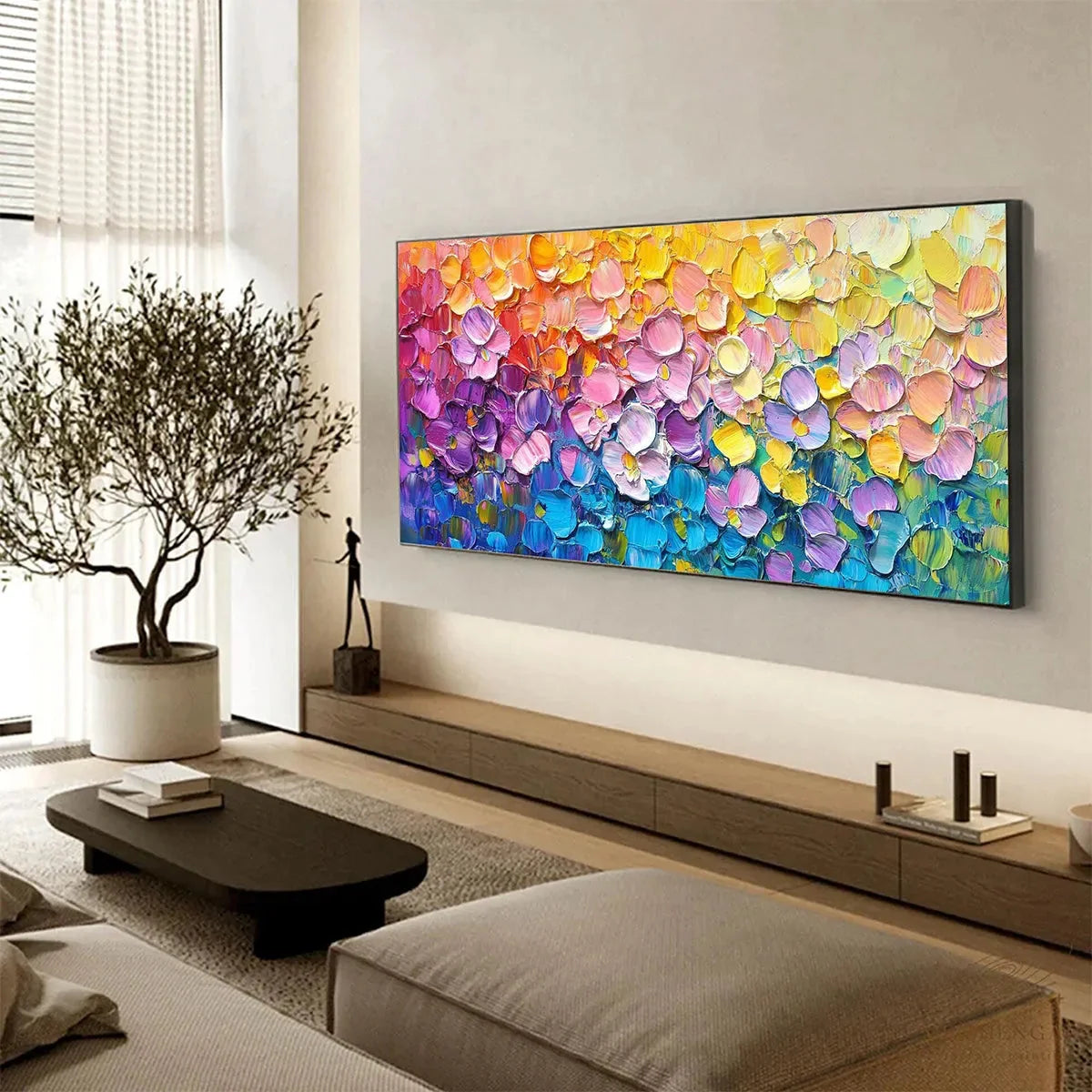 RAINBOW FALLS: Panoramic Impasto Floral Oil Painting in Vibrant Rainbow Hues | gold frame stretched on neutral wall