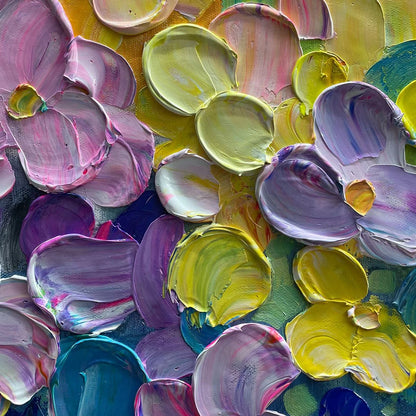 RAINBOW FALLS: Panoramic Impasto Floral Oil Painting in Vibrant Rainbow Hues | black frame version on white wall