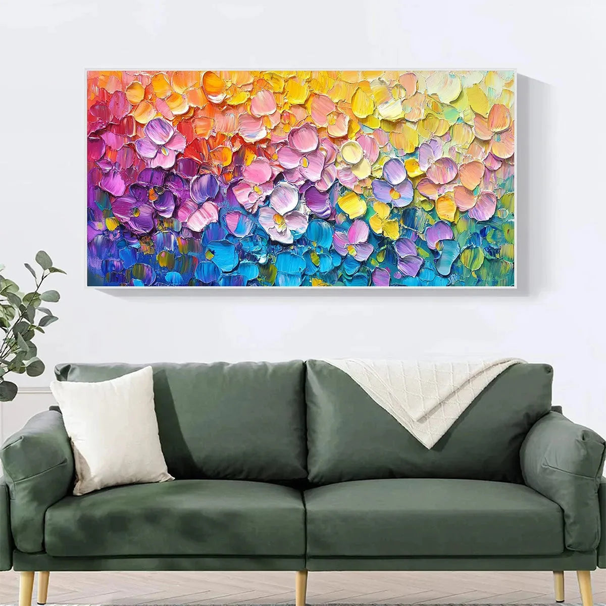 RAINBOW FALLS: Panoramic Impasto Floral Oil Painting in Vibrant Rainbow Hues | Abstract mood, soft natural light studio shot