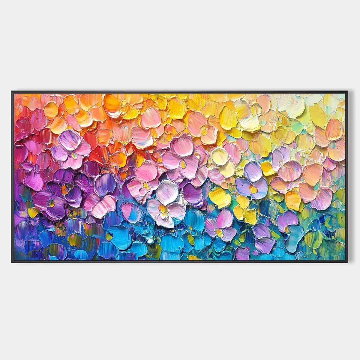 RAINBOW FALLS: Panoramic Impasto Floral Oil Painting in Vibrant Rainbow Hues | hanging in living room, Abstract wall art
