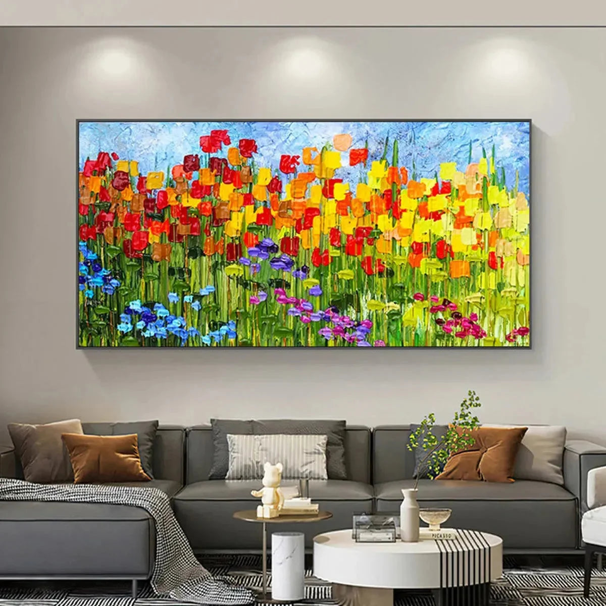 RAINBOW FIELD: Panoramic Impasto Colorful Flower Field Oil Painting | Abstract closeup, raised brushwork detail