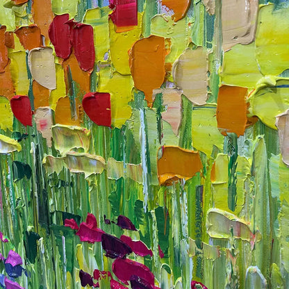 RAINBOW FIELD: Panoramic Impasto Colorful Flower Field Oil Painting | rectangular format, hand-painted canvas edge