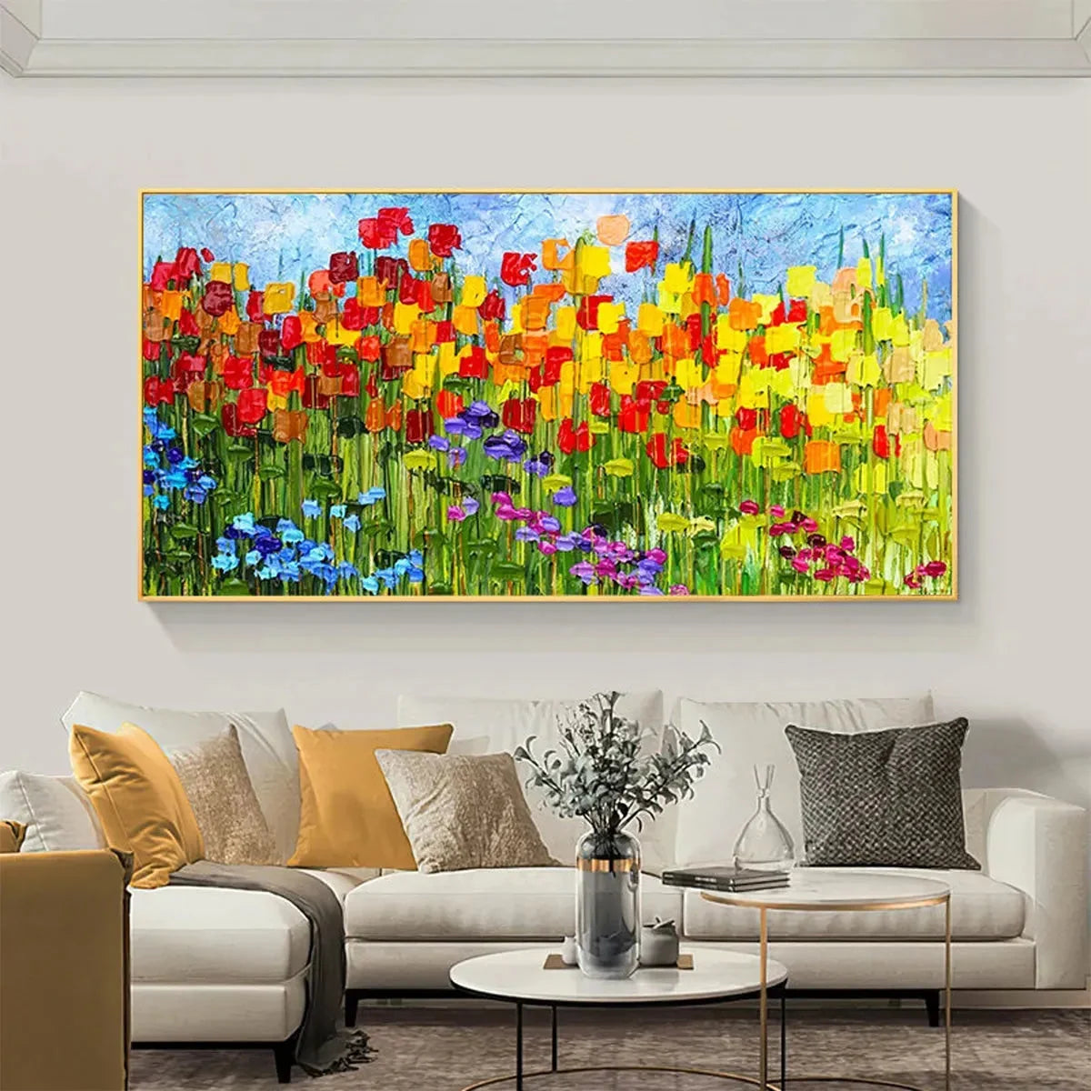 RAINBOW FIELD: Panoramic Impasto Colorful Flower Field Oil Painting | gold frame stretched on neutral wall