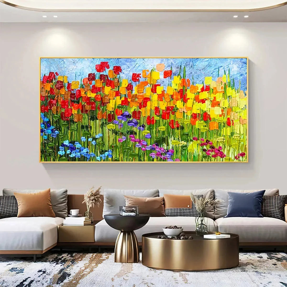 RAINBOW FIELD: Panoramic Impasto Colorful Flower Field Oil Painting | rolled canvas, ready for custom framing