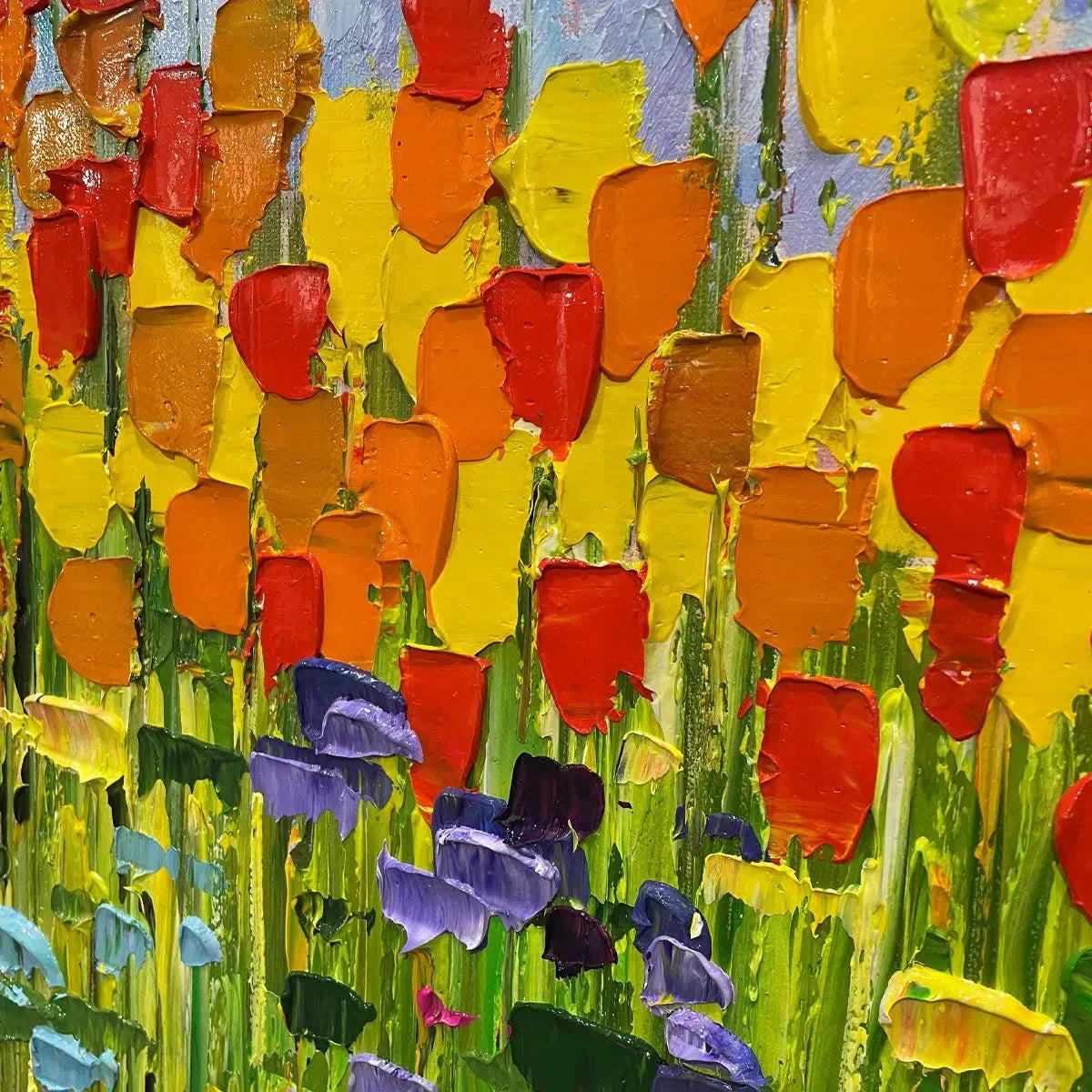 RAINBOW FIELD: Panoramic Impasto Colorful Flower Field Oil Painting | black frame version on white wall