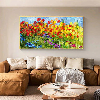 RAINBOW FIELD: Panoramic Impasto Colorful Flower Field Oil Painting | Abstract mood, soft natural light studio shot