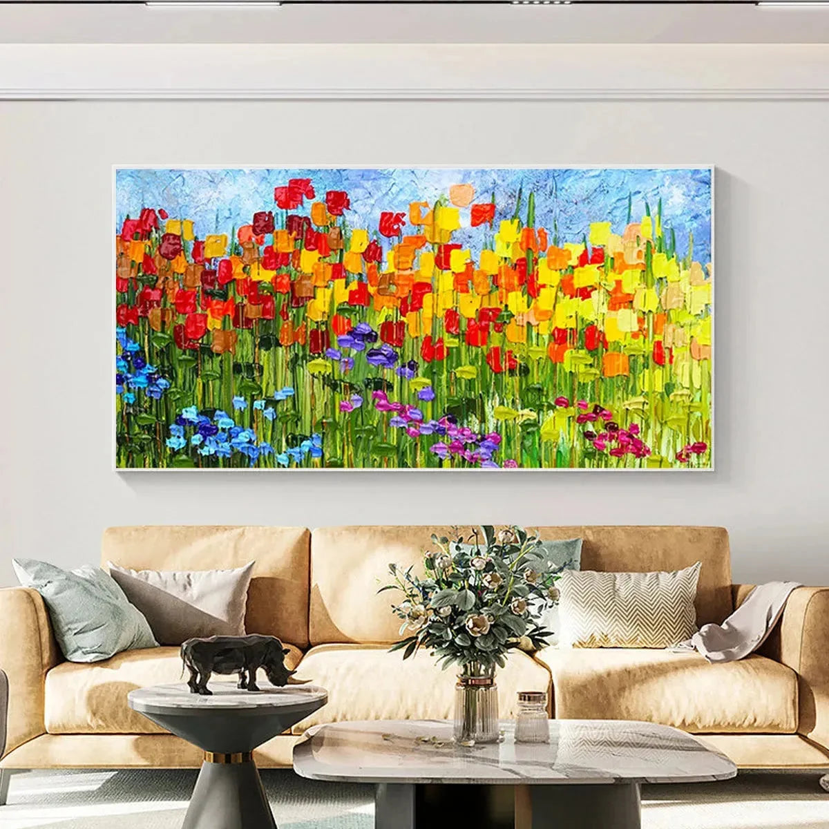 RAINBOW FIELD: Panoramic Impasto Colorful Flower Field Oil Painting | multi-color palette, original oil on stretched canvas art