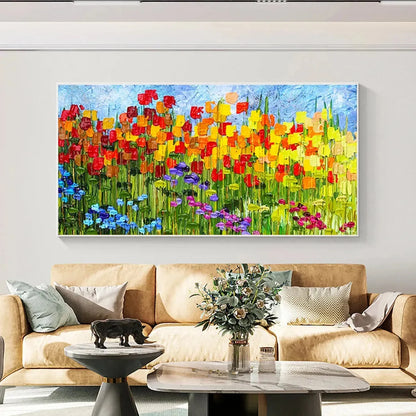 RAINBOW FIELD: Panoramic Impasto Colorful Flower Field Oil Painting | multi-color palette, original oil on stretched canvas art