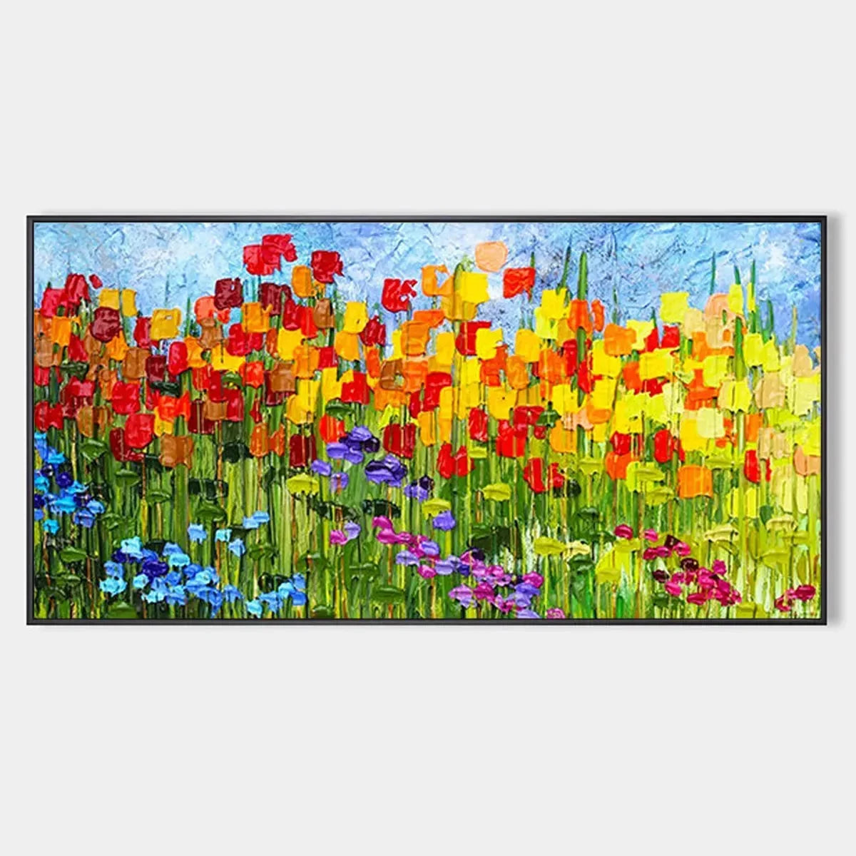 RAINBOW FIELD: Panoramic Impasto Colorful Flower Field Oil Painting | hanging in living room, Abstract wall art