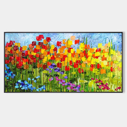 RAINBOW FIELD: Panoramic Impasto Colorful Flower Field Oil Painting | hanging in living room, Abstract wall art