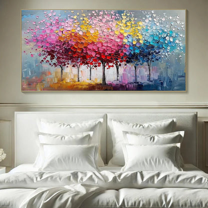 RAINBOW FOREST: Textured Impasto Trees Oil Painting | Figurative closeup, raised brushwork detail