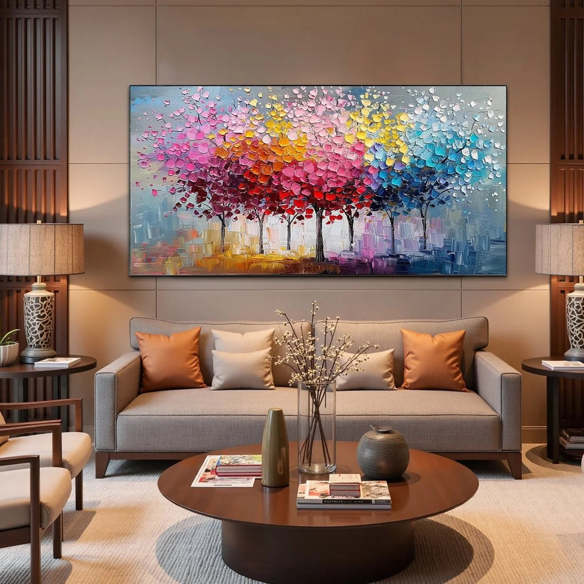 RAINBOW FOREST: Textured Impasto Trees Oil Painting | gold frame stretched on neutral wall