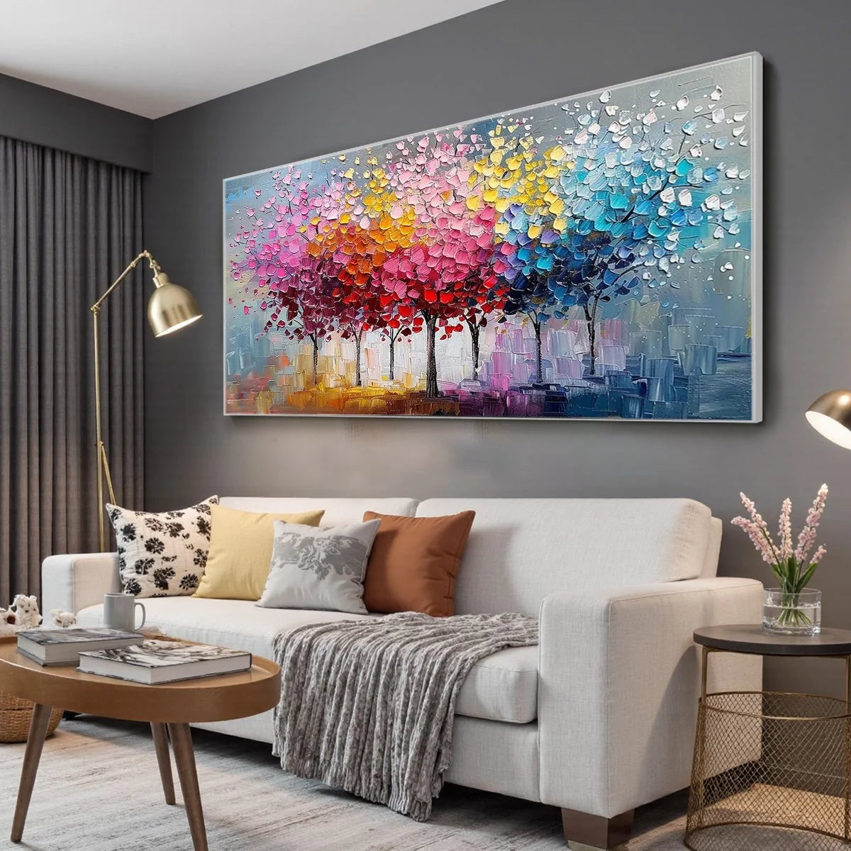 RAINBOW FOREST: Textured Impasto Trees Oil Painting | rolled canvas, ready for custom framing