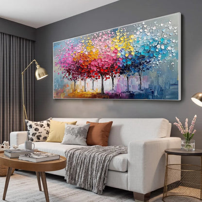 RAINBOW FOREST: Textured Impasto Trees Oil Painting | rolled canvas, ready for custom framing