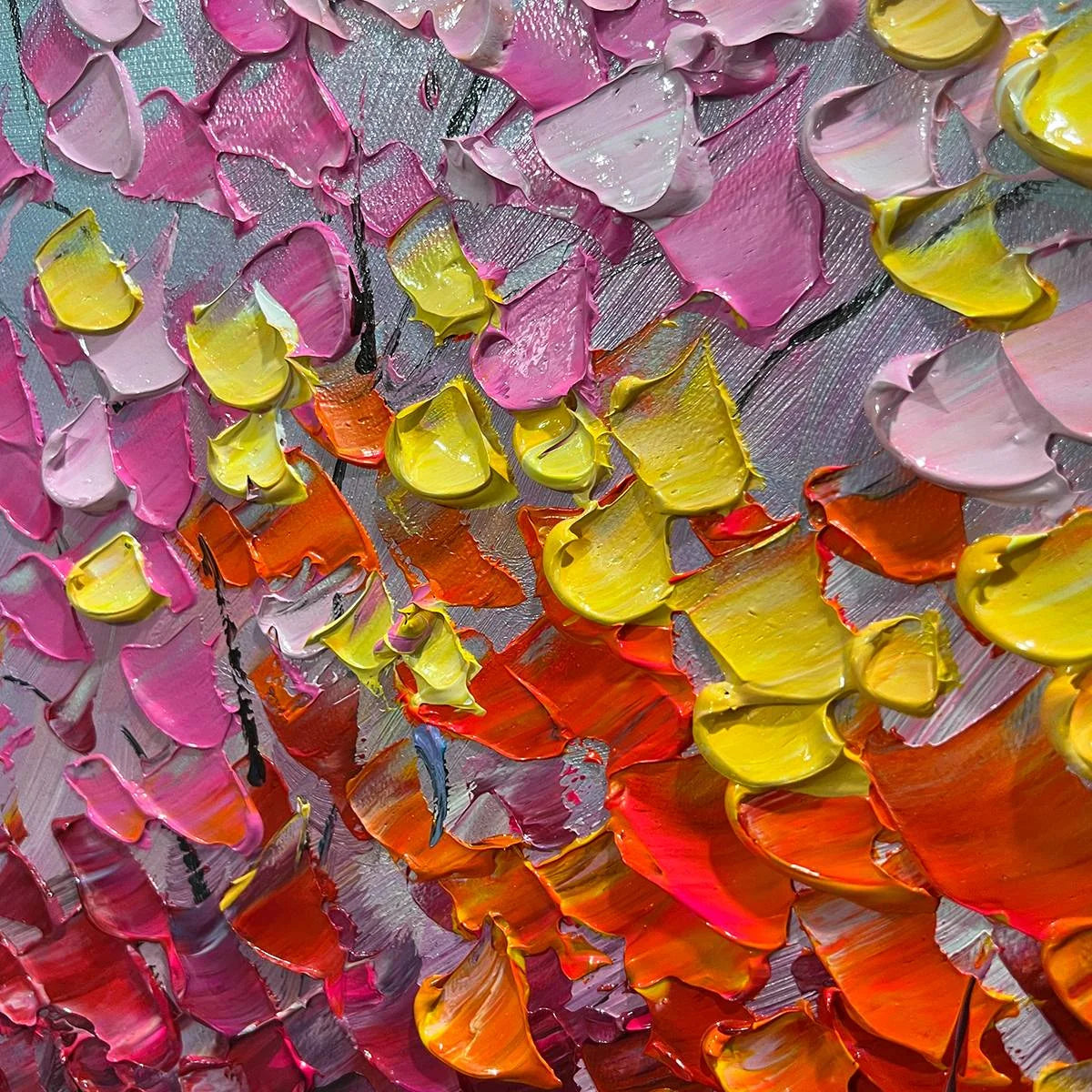 RAINBOW FOREST: Textured Impasto Trees Oil Painting | black frame version on white wall