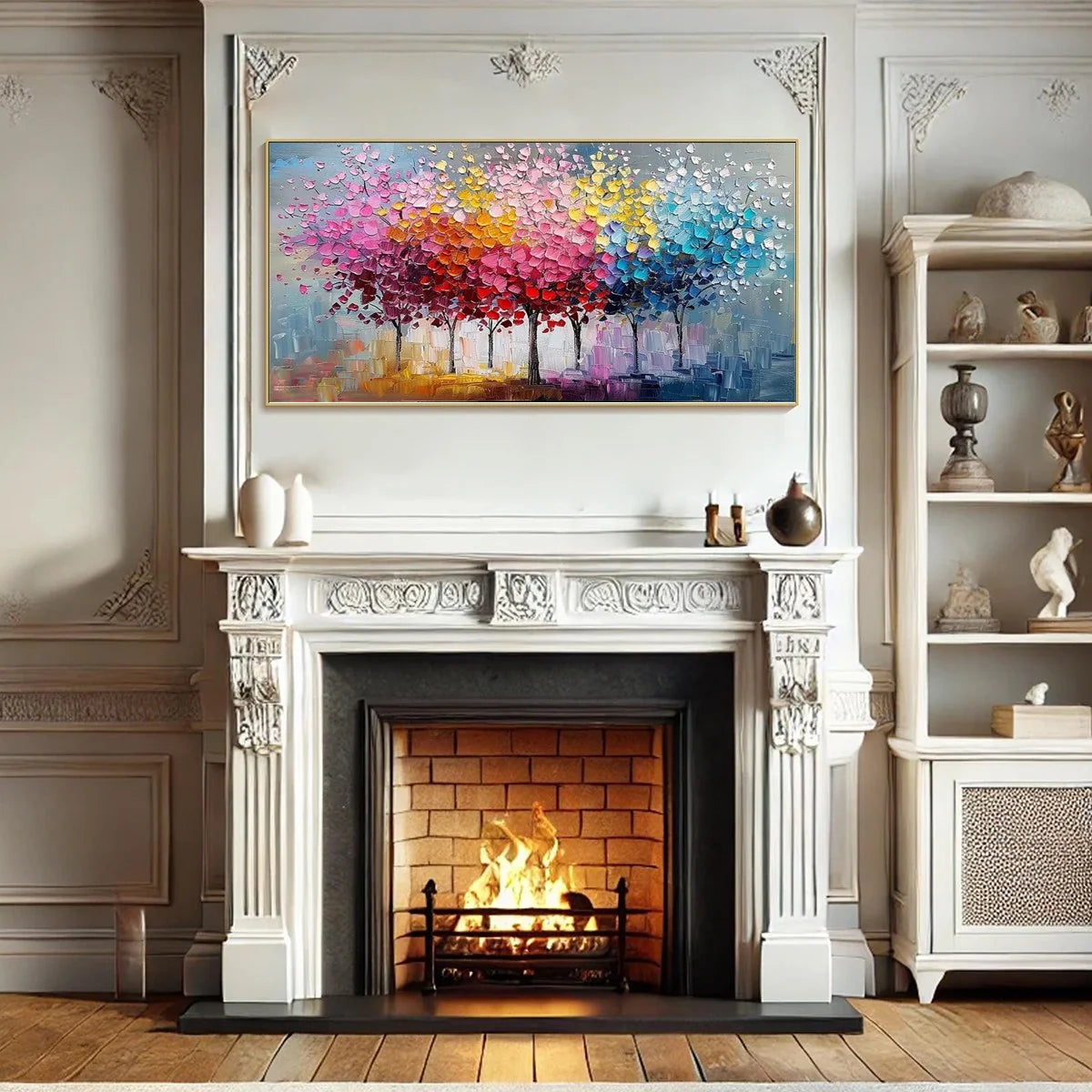 RAINBOW FOREST: Textured Impasto Trees Oil Painting | Figurative mood, soft natural light studio shot