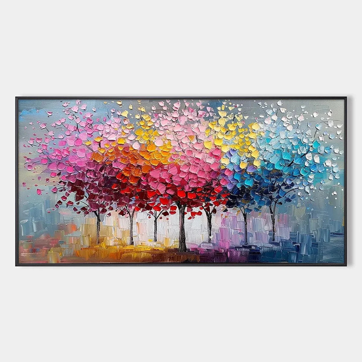 RAINBOW FOREST: Textured Impasto Trees Oil Painting | hanging in living room, Figurative wall art
