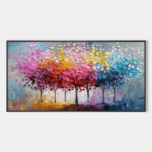 RAINBOW FOREST: Textured Impasto Trees Oil Painting | hanging in living room, Figurative wall art