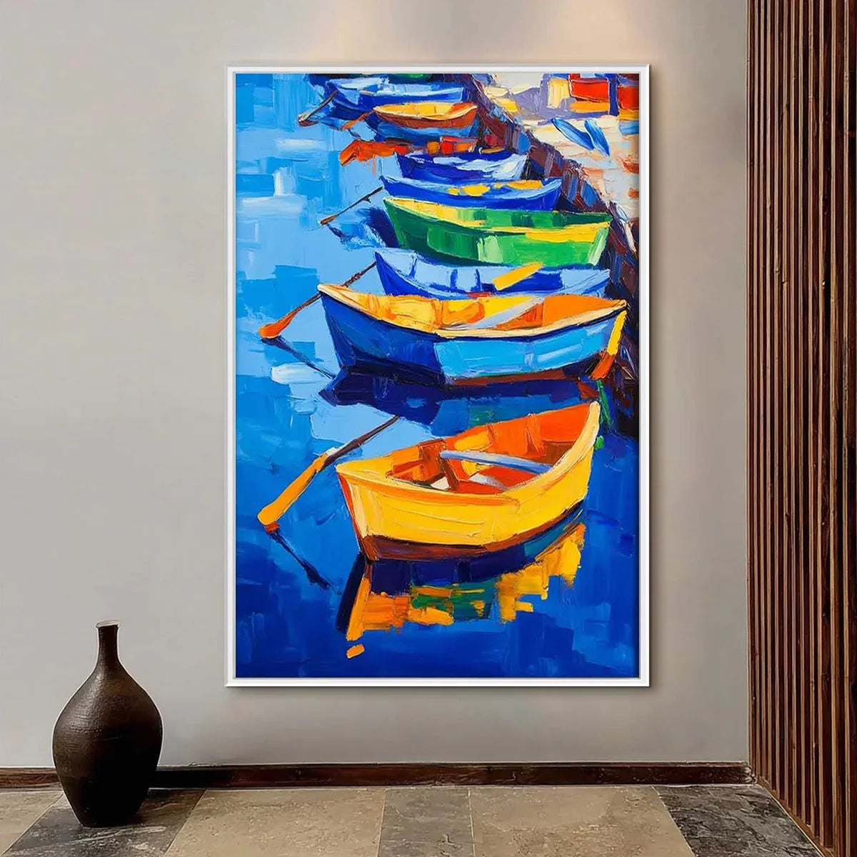 RAINBOW HARBOR: Vibrant Impasto Boatscape Oil Painting | Abstract closeup, raised brushwork detail