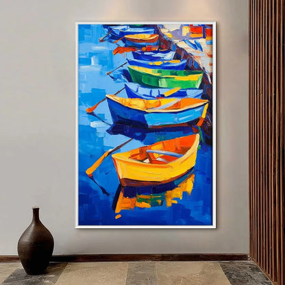 RAINBOW HARBOR: Vibrant Impasto Boatscape Oil Painting | Abstract closeup, raised brushwork detail