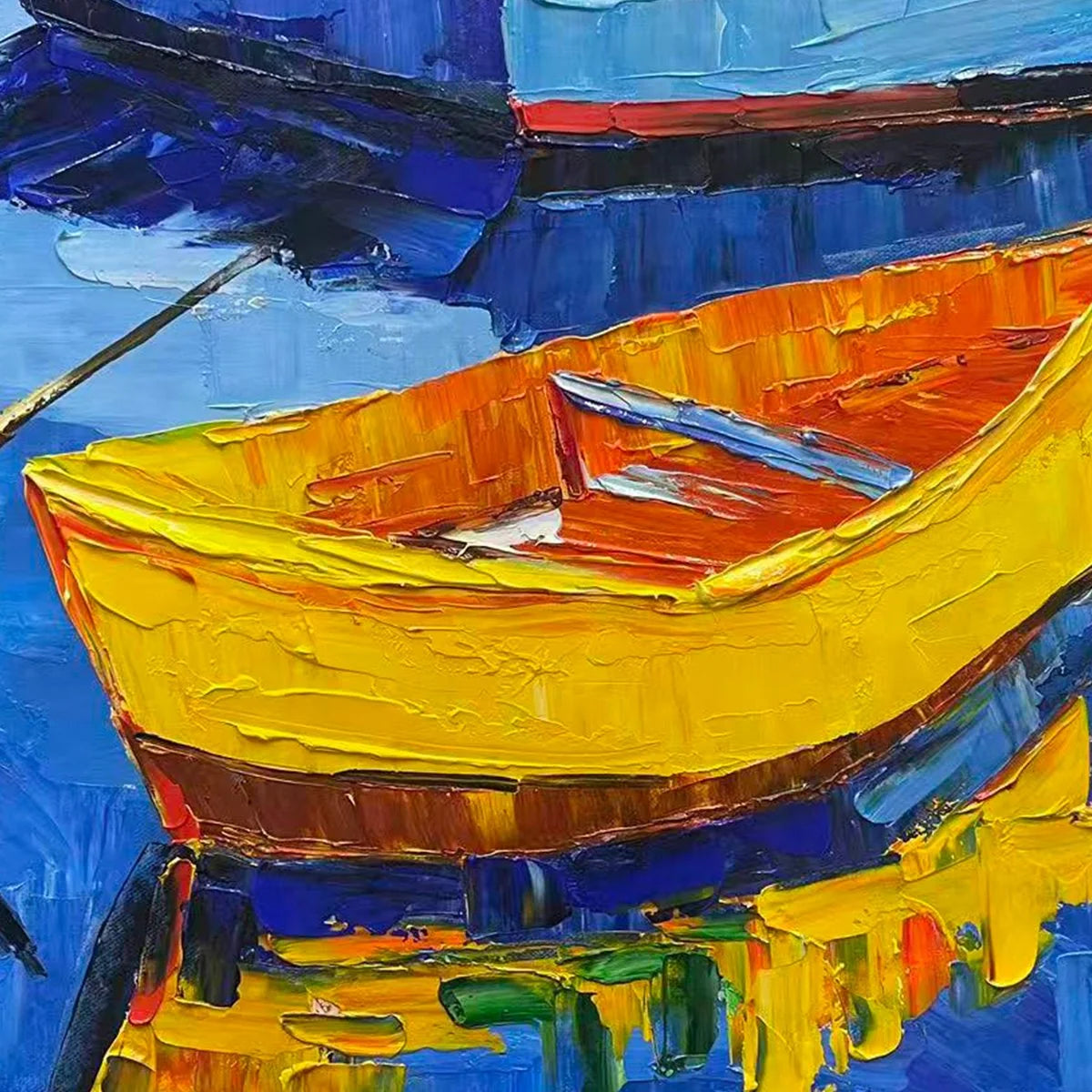 RAINBOW HARBOR: Vibrant Impasto Boatscape Oil Painting | rectangular format, hand-painted canvas edge