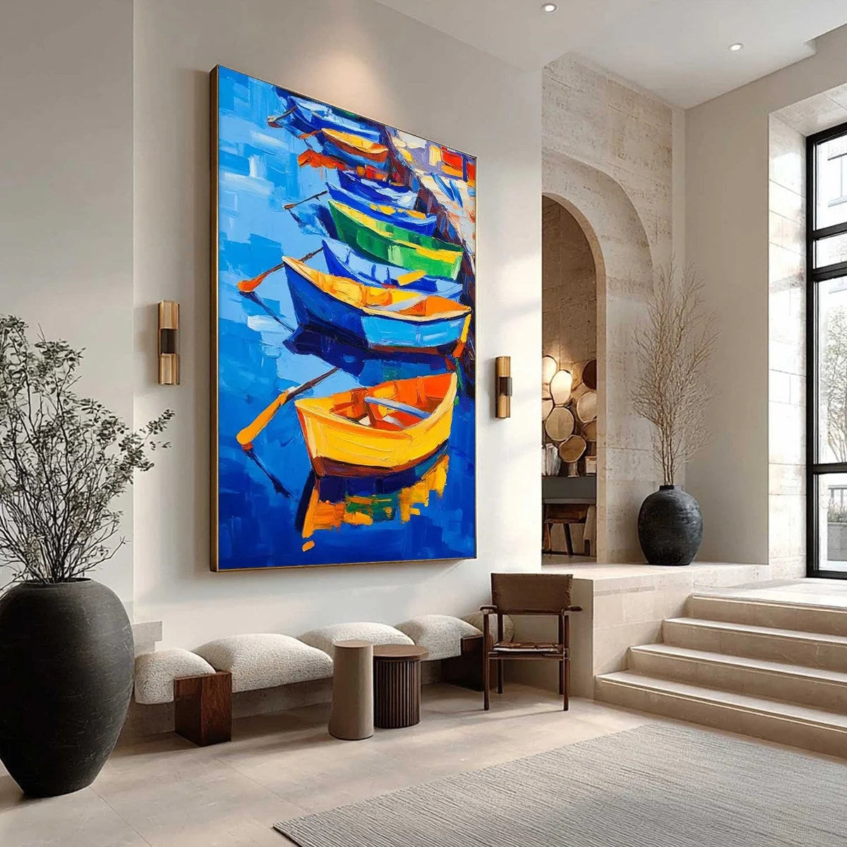 RAINBOW HARBOR: Vibrant Impasto Boatscape Oil Painting | gold frame stretched on neutral wall