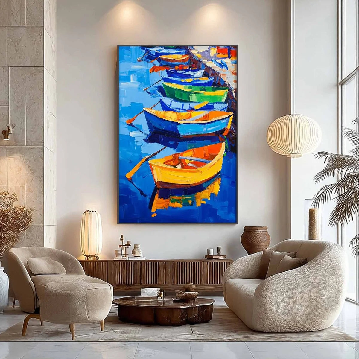 RAINBOW HARBOR: Vibrant Impasto Boatscape Oil Painting | rolled canvas, ready for custom framing