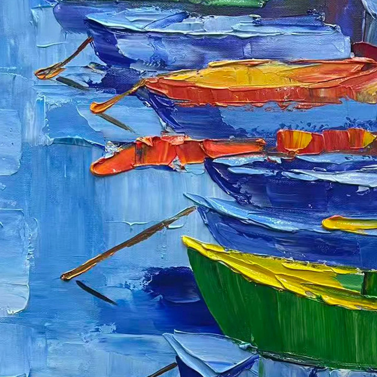 RAINBOW HARBOR: Vibrant Impasto Boatscape Oil Painting | black frame version on white wall