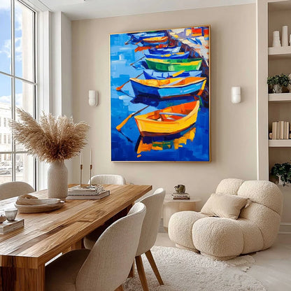 RAINBOW HARBOR: Vibrant Impasto Boatscape Oil Painting | Abstract mood, soft natural light studio shot