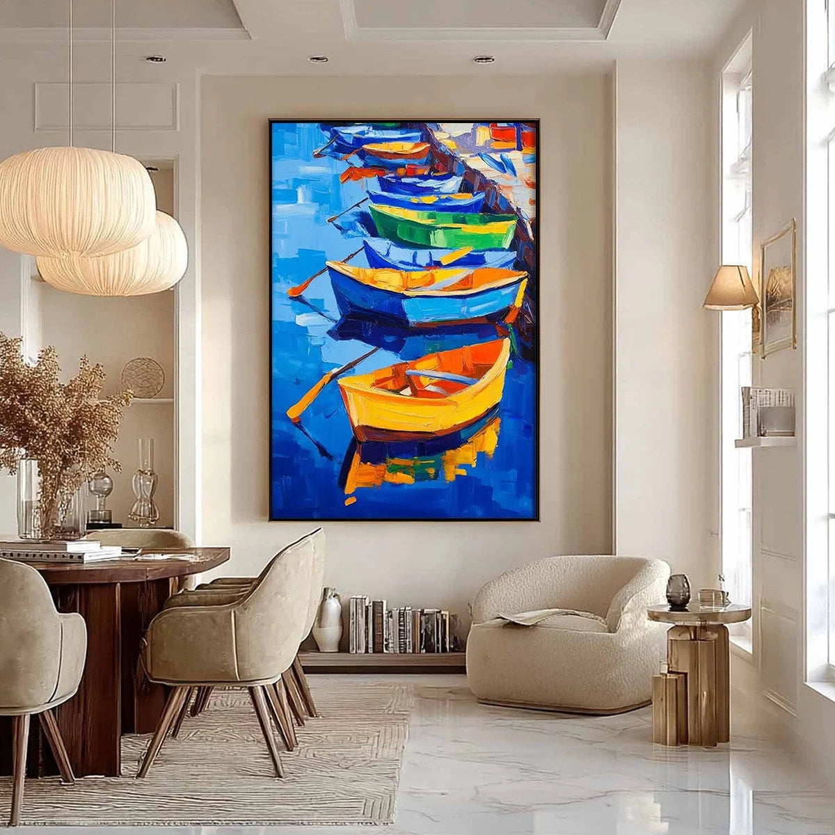 RAINBOW HARBOR: Vibrant Impasto Boatscape Oil Painting | multi-color palette, original oil on stretched canvas art