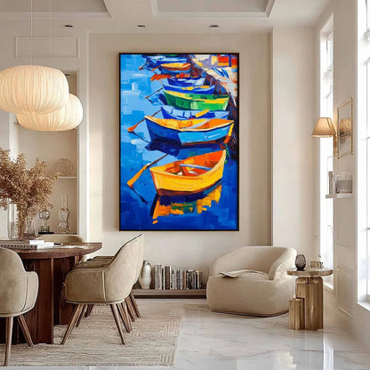 RAINBOW HARBOR: Vibrant Impasto Boatscape Oil Painting | multi-color palette, original oil on stretched canvas art