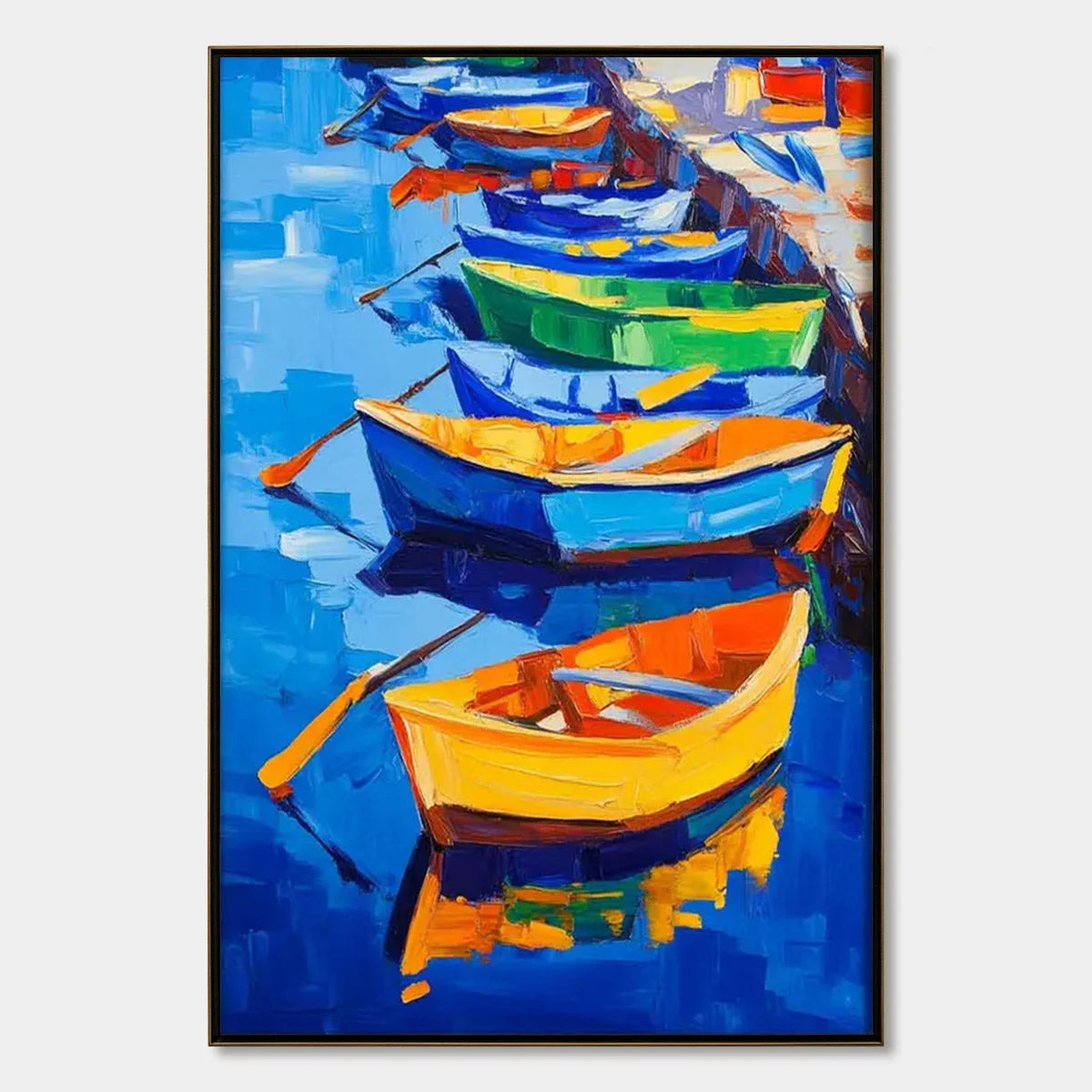 RAINBOW HARBOR: Vibrant Impasto Boatscape Oil Painting | hanging in living room, Abstract wall art