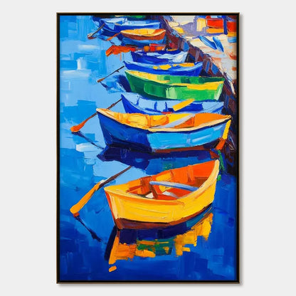 RAINBOW HARBOR: Vibrant Impasto Boatscape Oil Painting | hanging in living room, Abstract wall art