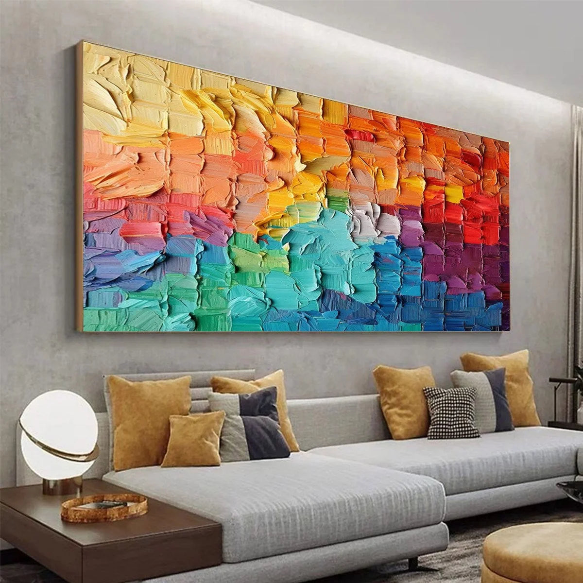 RAINBOW HARMONY | gold frame stretched on neutral wall