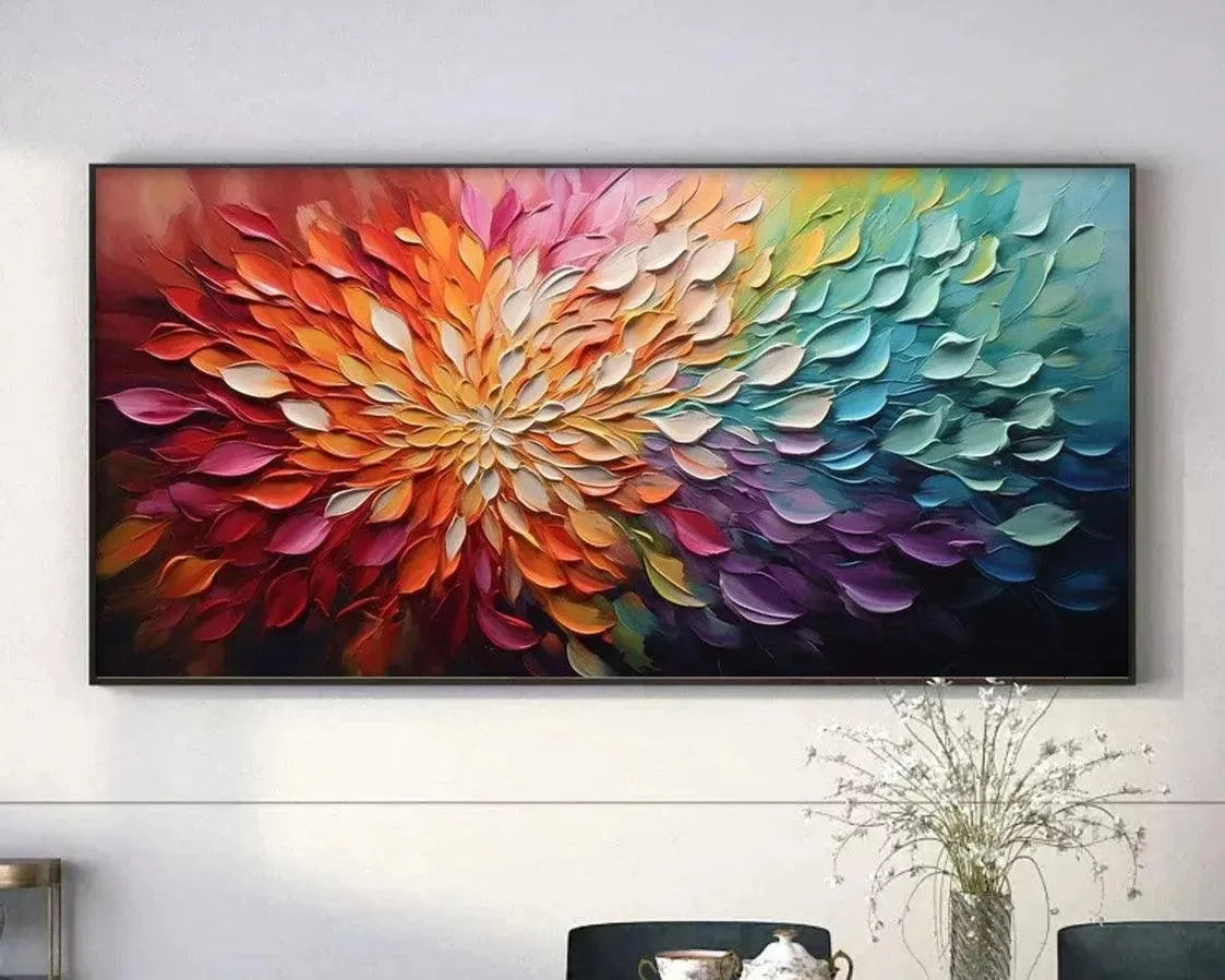 RAINBOW PETALS: Textured Impasto Abstract Floral Painting in Rainbow Colors | Abstract closeup, raised brushwork detail