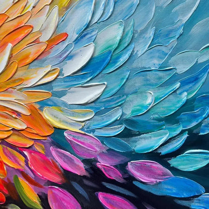 RAINBOW PETALS: Textured Impasto Abstract Floral Painting in Rainbow Colors | rectangular format, hand-painted canvas edge