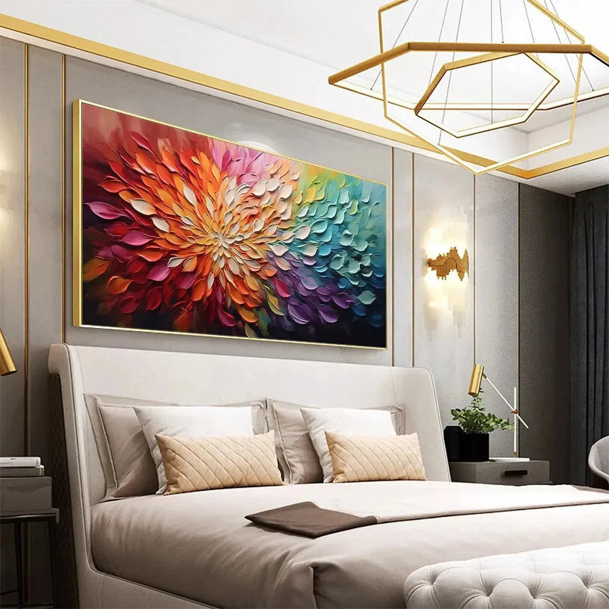 RAINBOW PETALS: Textured Impasto Abstract Floral Painting in Rainbow Colors | gold frame stretched on neutral wall