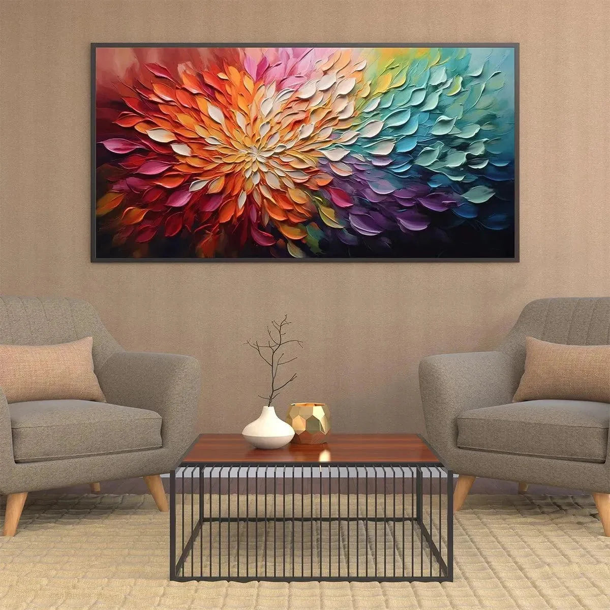 RAINBOW PETALS: Textured Impasto Abstract Floral Painting in Rainbow Colors | rolled canvas, ready for custom framing