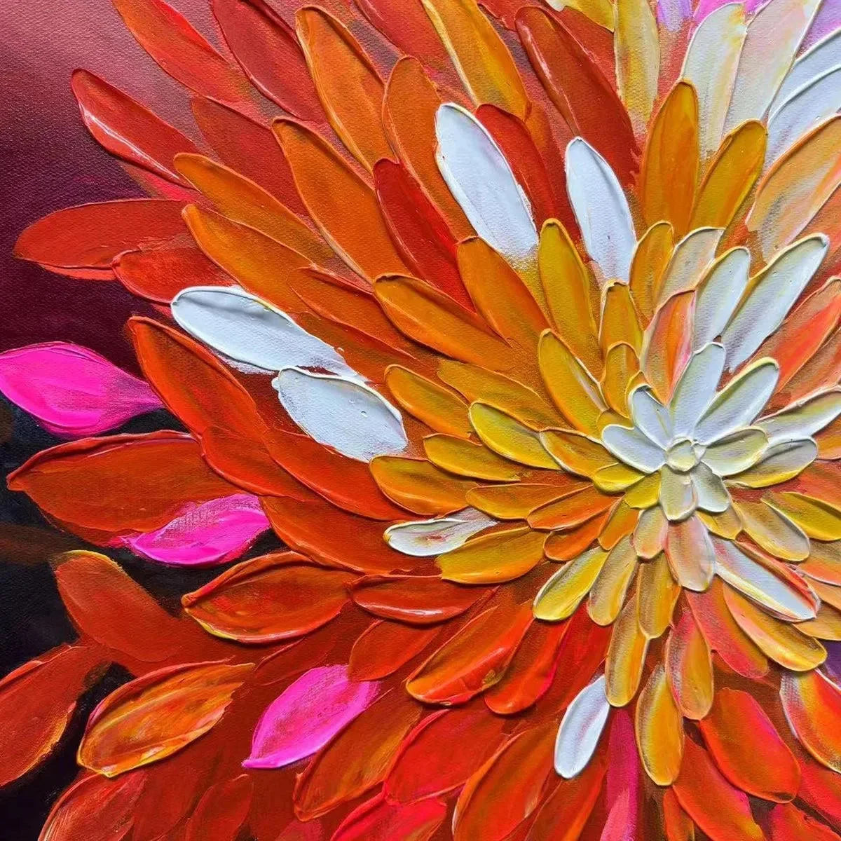 RAINBOW PETALS: Textured Impasto Abstract Floral Painting in Rainbow Colors | black frame version on white wall