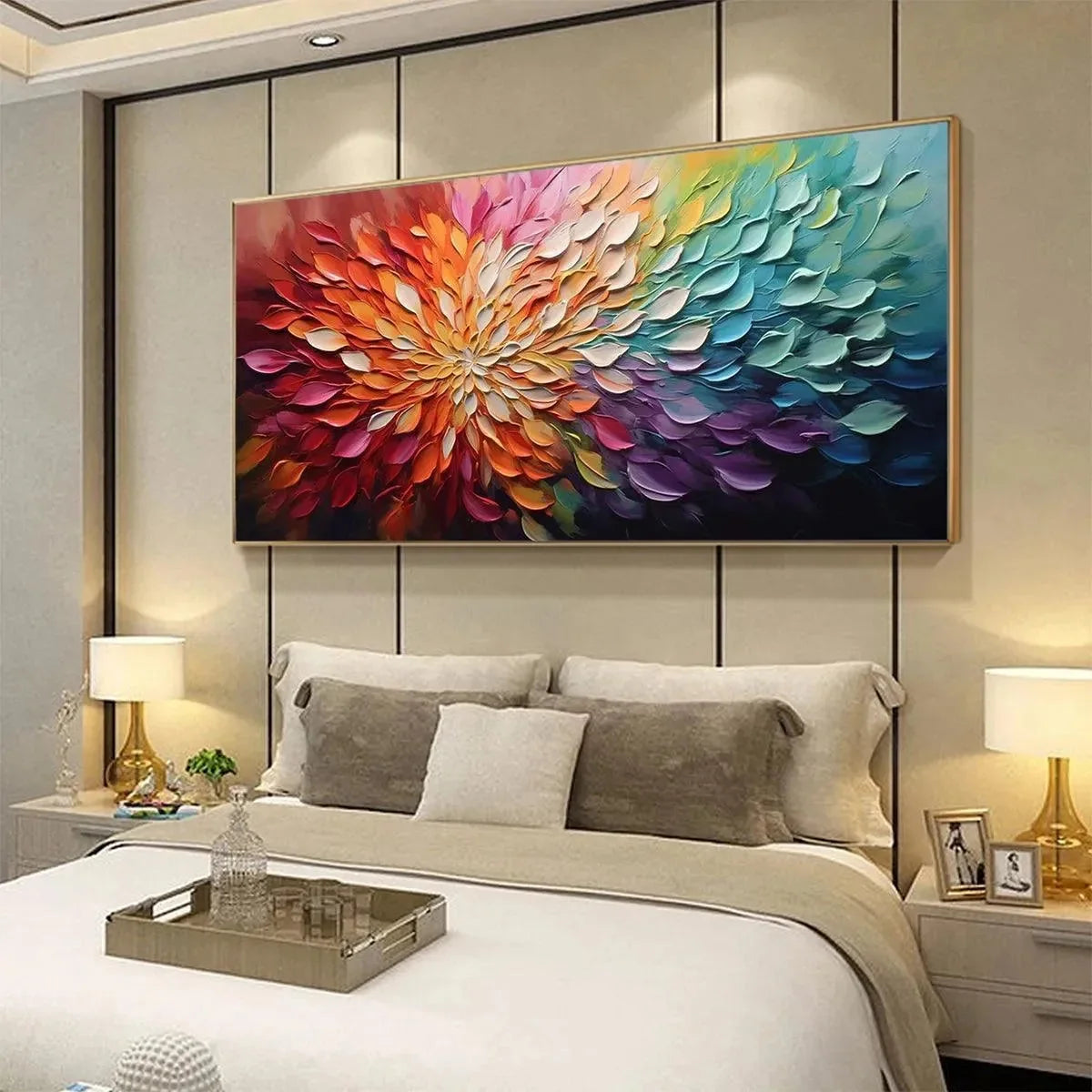 RAINBOW PETALS: Textured Impasto Abstract Floral Painting in Rainbow Colors | Abstract mood, soft natural light studio shot