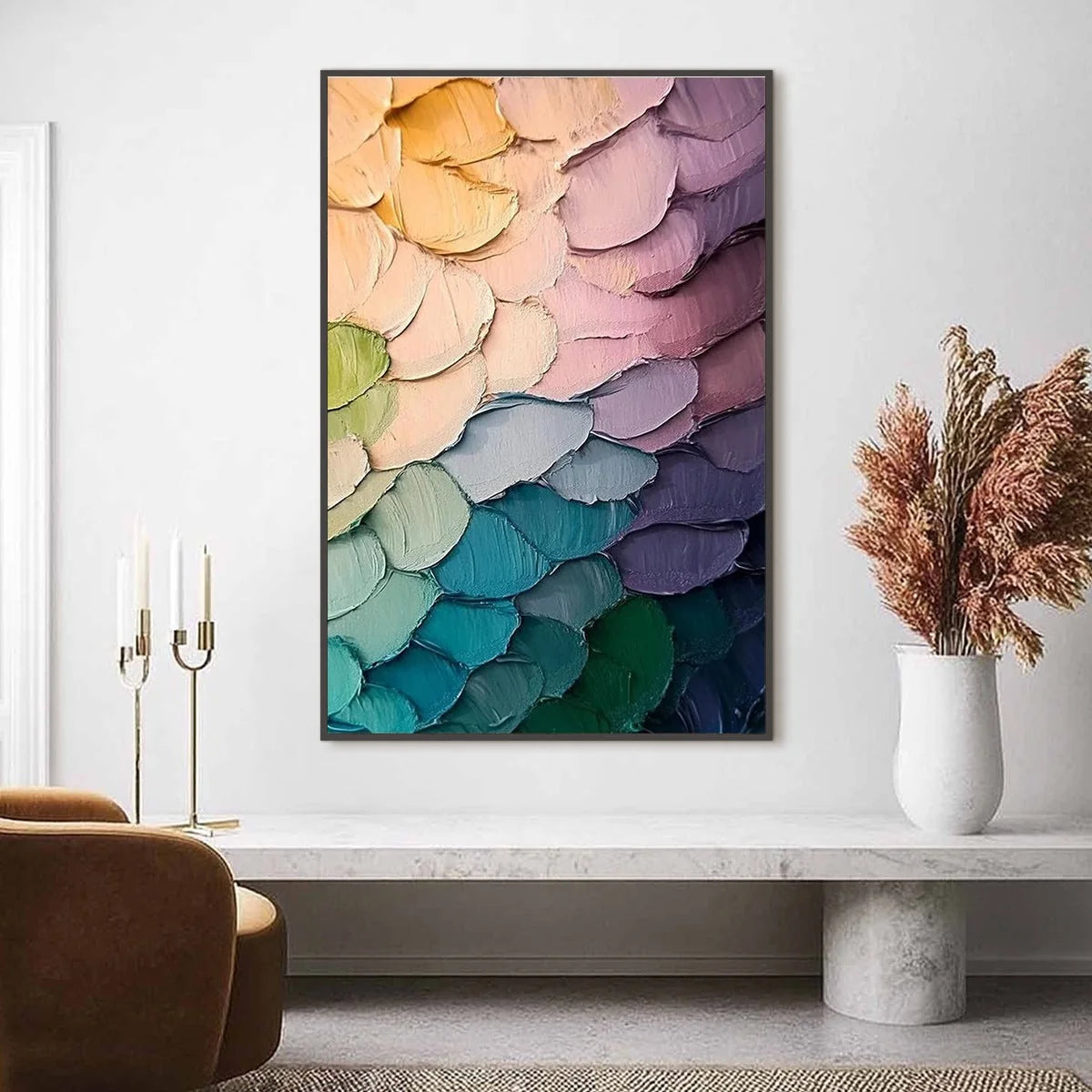 RAINBOW SCALES: Colorful Impasto Abstract Painting | gold frame stretched on neutral wall