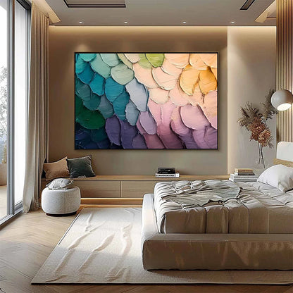 RAINBOW SCALES: Colorful Impasto Abstract Painting | black frame version on white wall