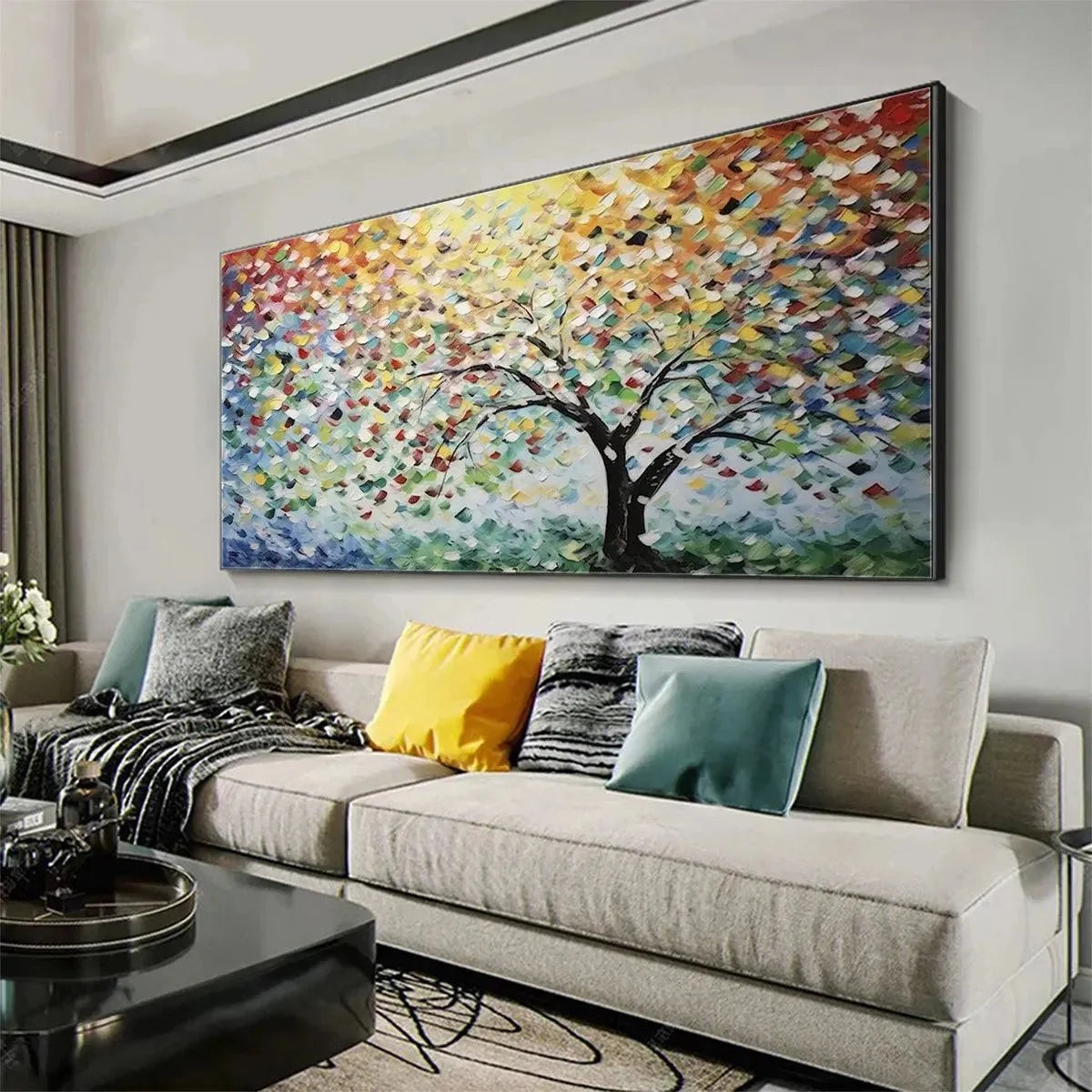RAINBOW TREE: Textured Impasto Tree Painting in Vibrant Colors | Figurative closeup, raised brushwork detail