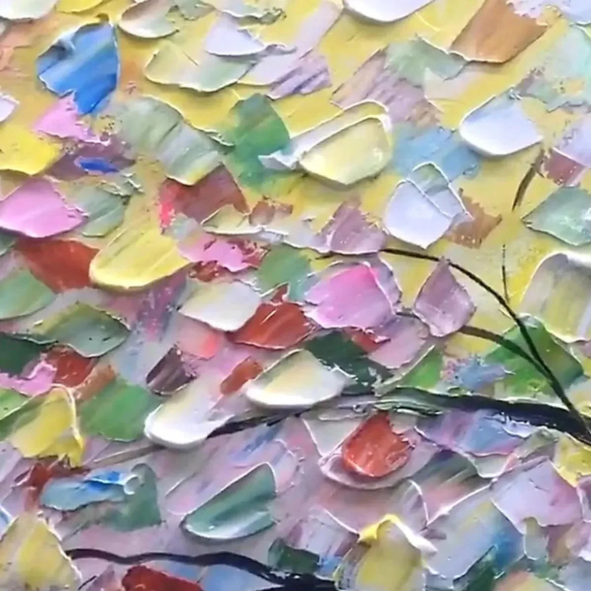 RAINBOW TREE: Textured Impasto Tree Painting in Vibrant Colors | gold frame stretched on neutral wall