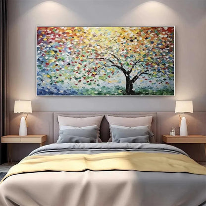 RAINBOW TREE: Textured Impasto Tree Painting in Vibrant Colors | black frame version on white wall