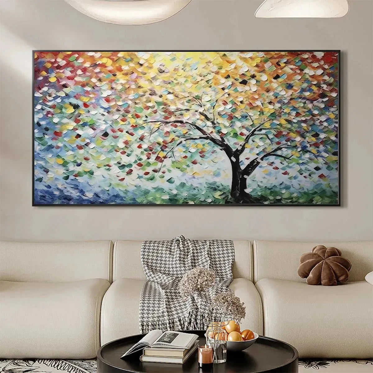 RAINBOW TREE: Textured Impasto Tree Painting in Vibrant Colors | texture detail, palette knife marks visible