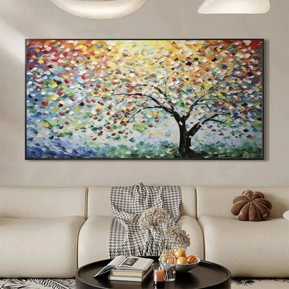 RAINBOW TREE: Textured Impasto Tree Painting in Vibrant Colors | texture detail, palette knife marks visible