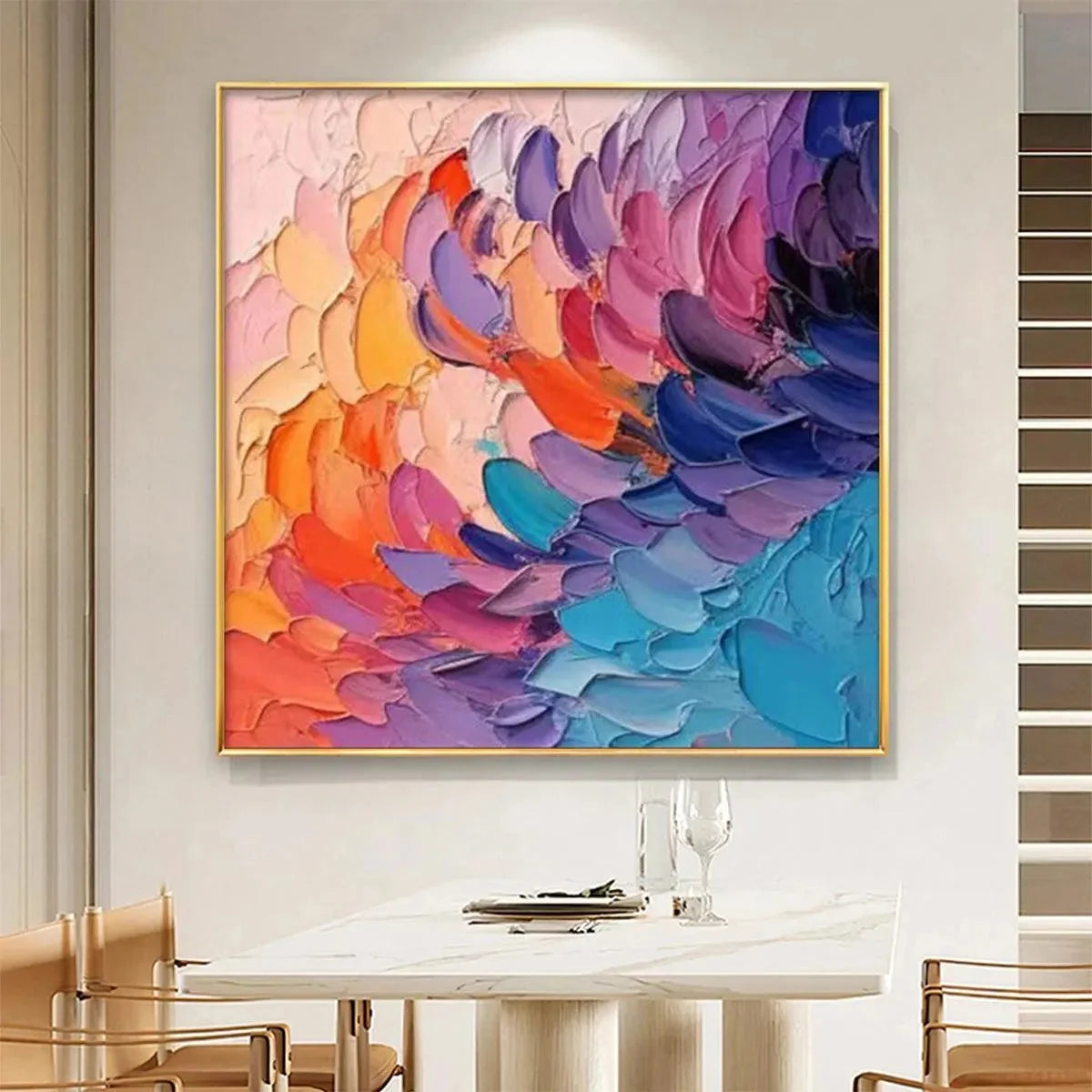 RAINBOW WAVES: Textured Abstract Painting, Impasto Wall Art, Square Canvas, Modern Decor | rectangular format, hand-painted canvas edge