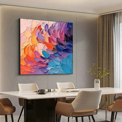 RAINBOW WAVES: Textured Abstract Painting, Impasto Wall Art, Square Canvas, Modern Decor | gold frame stretched on neutral wall